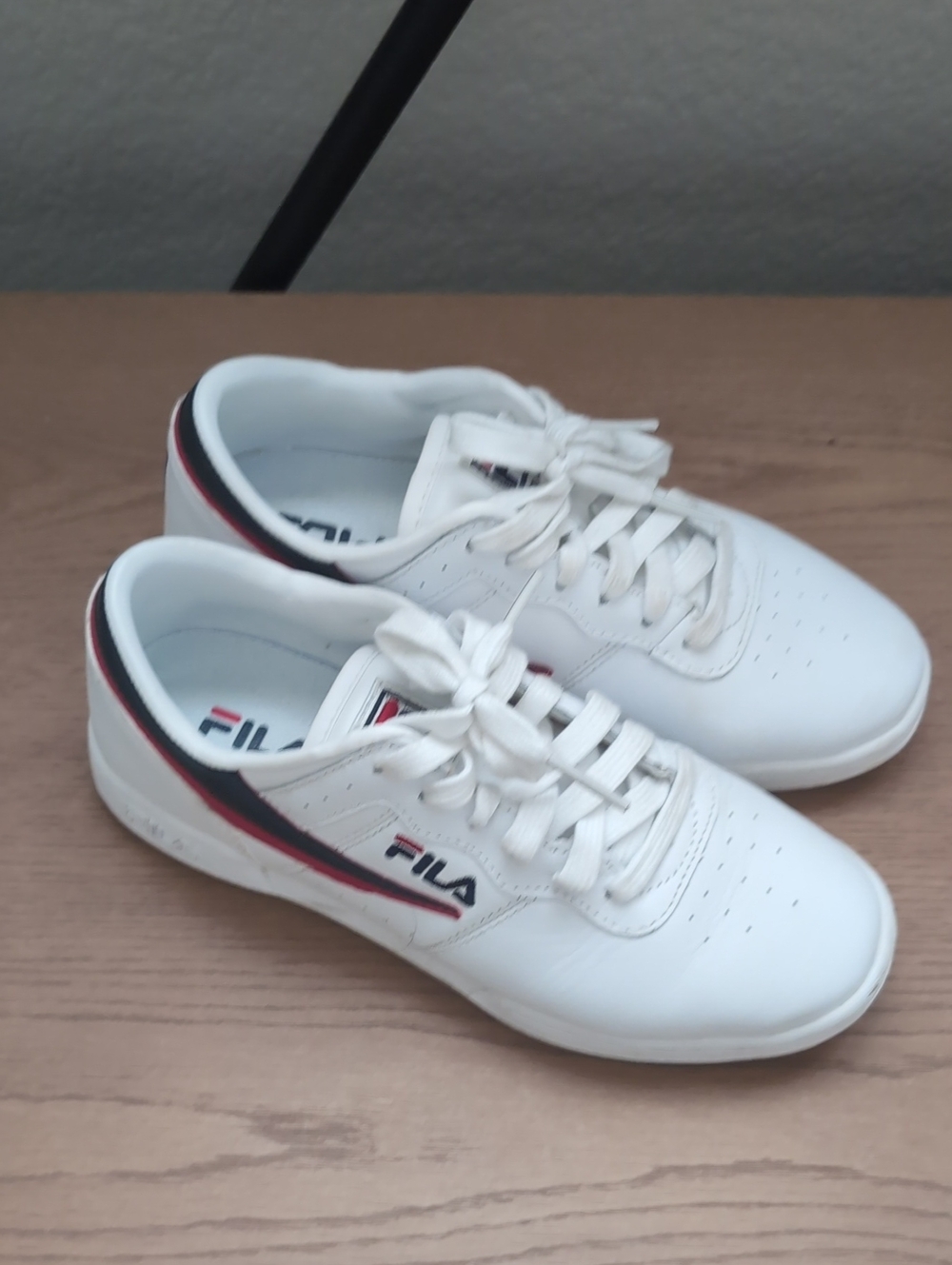Fila White Leather Sneakers with Navy and Red Trim